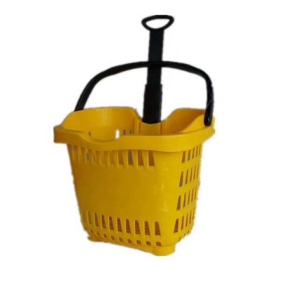 Custom Logo Supermarket Red Plastic Shopping Basket With Two Wheels T Handle