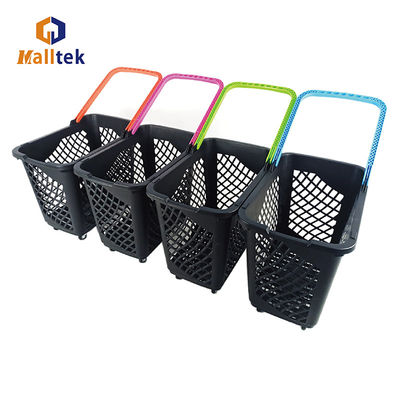 Large Capacity Supermarket Handle Plastic Shopping Baskets With 4 Wheels In Black