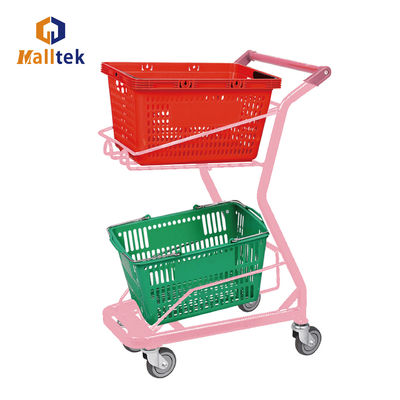 Pink Metal Supermarket Shopping Trolley With Two Baskets For Retail Grocery Store